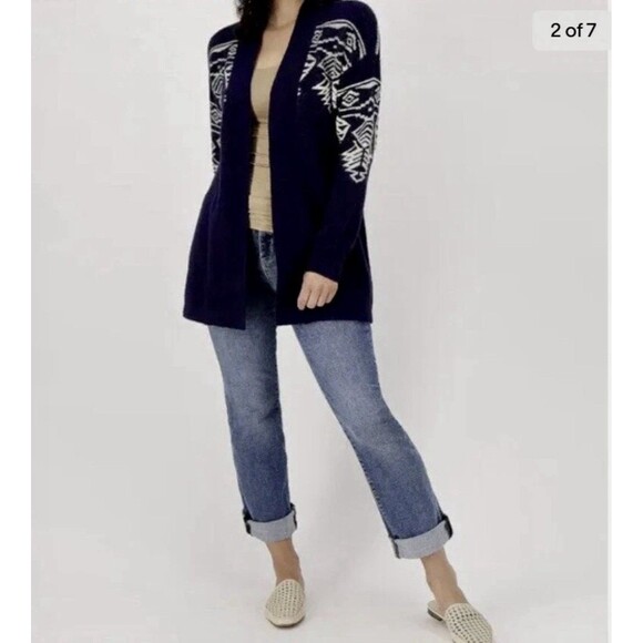 Denim & Co. Navy Blue Fair Isle Open Front Cardigan Shoulder Detail Size XS - Picture 1 of 4